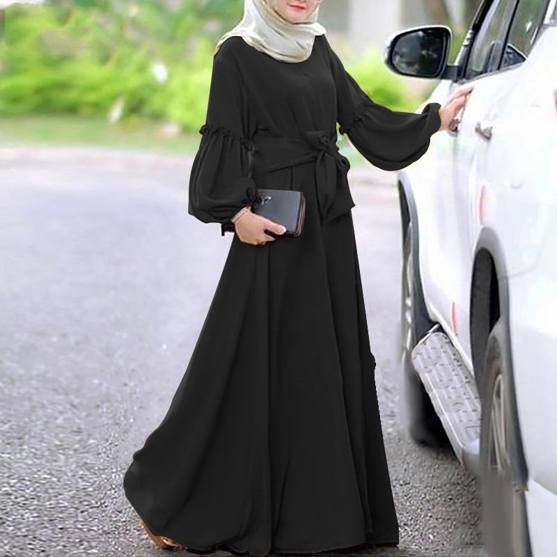 Wholesale S-2XL Plus Size Women's Muslim Dress Long Sleeve Robe Belt Modest Dress Ruffled Abaya Maxi Dress is Rankavtan