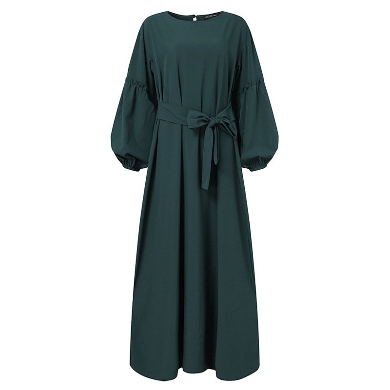 Wholesale S-2XL Plus Size Women's Muslim Dress Long Sleeve Robe Belt Modest Dress Ruffled Abaya Maxi Dress is Rankavtan
