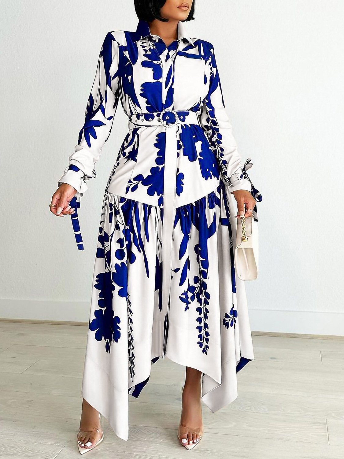 Wholesale Ladies Elegant office Shirt Dress Irregular floral print long-sleeved casual dress with belt