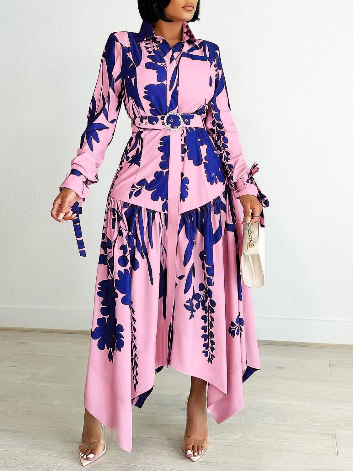 Wholesale Ladies Elegant office Shirt Dress Irregular floral print long-sleeved casual dress with belt