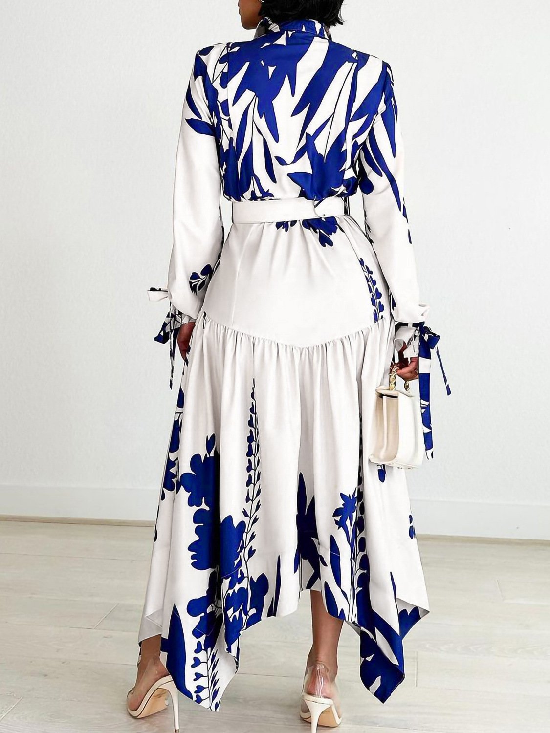 Wholesale Ladies Elegant office Shirt Dress Irregular floral print long-sleeved casual dress with belt