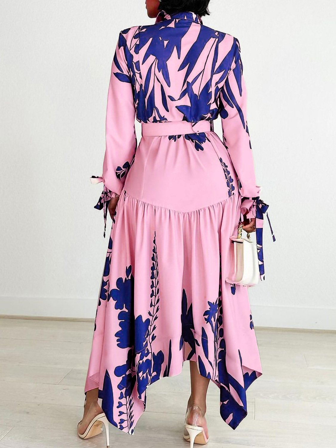 Wholesale Ladies Elegant office Shirt Dress Irregular floral print long-sleeved casual dress with belt