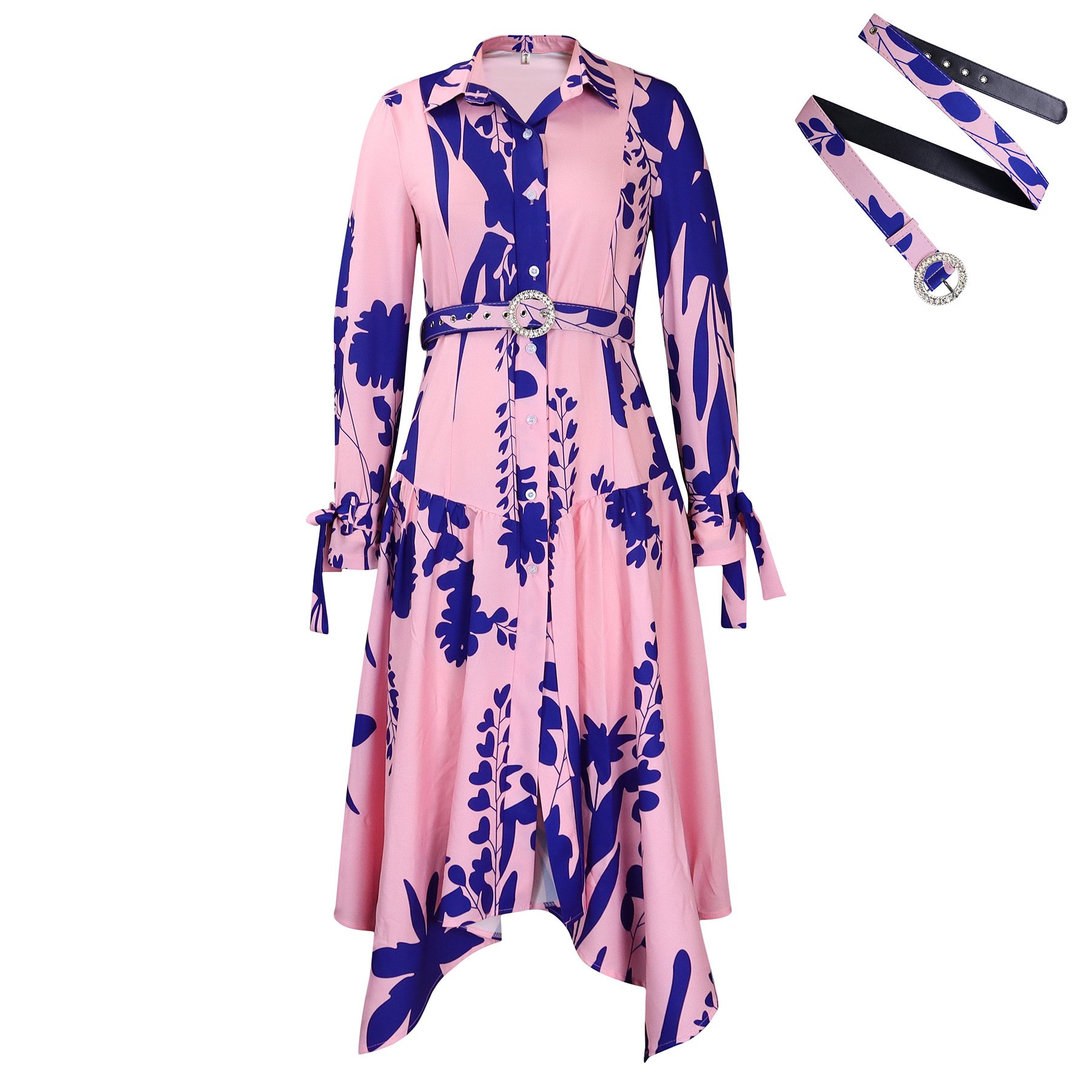 Wholesale Ladies Elegant office Shirt Dress Irregular floral print long-sleeved casual dress with belt
