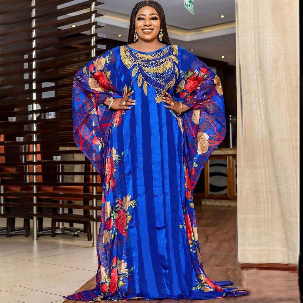Top Fashion plus size dress for woman Chiffon printing best selling products in africa rhinestone two piece set