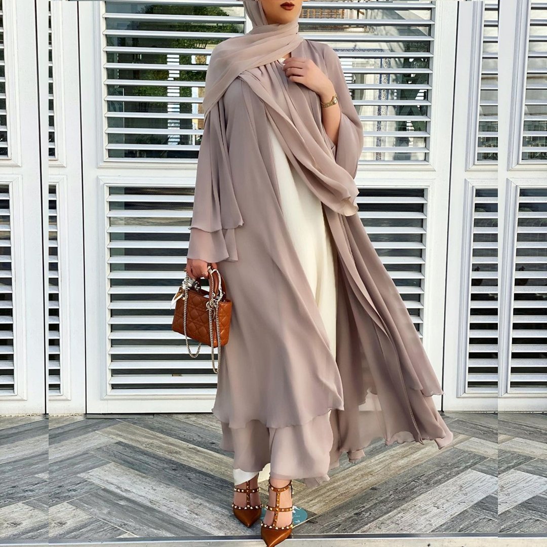 Hot Selling Traditional Muslim Clothing Chiffon Islamic Clothing EID Front Open Abaya with scarf Abaya Women Muslim Dress