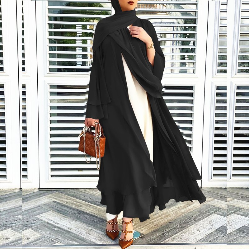 Hot Selling Traditional Muslim Clothing Chiffon Islamic Clothing EID Front Open Abaya with scarf Abaya Women Muslim Dress