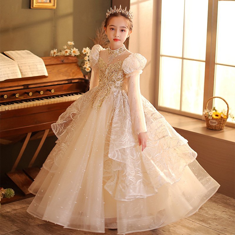 Kids Children's Birthday Princess Lace Dresses Little Girl Host Children's Dress Spring Catwalk Girl Piano Performance Dress