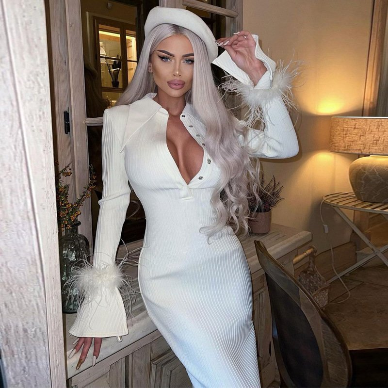Charm Polo Collar Feather White Bodycon Maxi Dress Dresses Women Lady Elegant