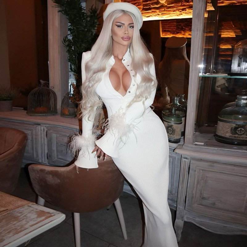 Charm Polo Collar Feather White Bodycon Maxi Dress Dresses Women Lady Elegant