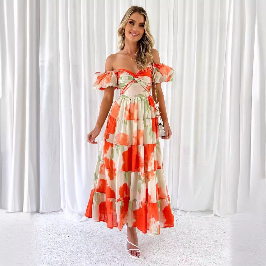 Temperament Slim-Fit Printed Puff Sleeve Lady Dress Big Swing High-End Dress Women