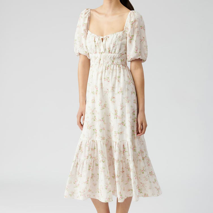 Custom High Quality Fashion Floral Summer Casual Dress Women Short Puff Sleeve Midi Dress