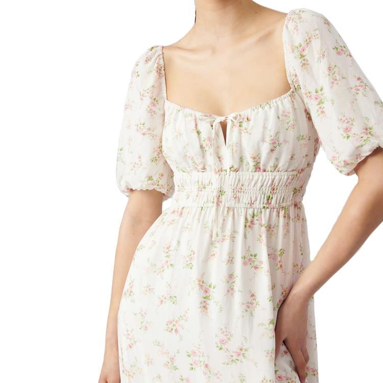 Custom High Quality Fashion Floral Summer Casual Dress Women Short Puff Sleeve Midi Dress