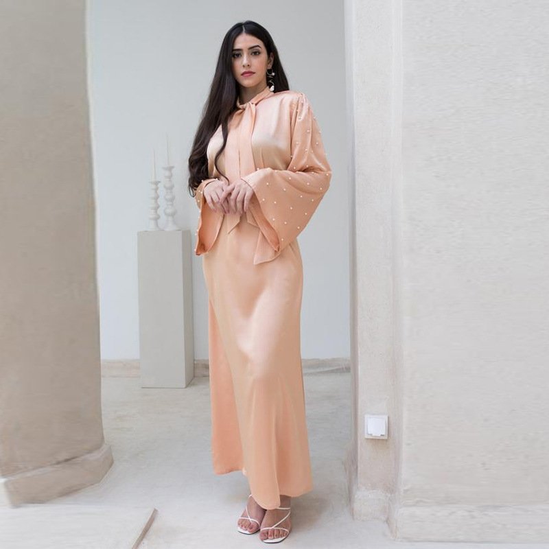 2023 Custom Islamic Clothing Dubai beads Solid Color Luxury Elegant Wholesale Modest Abaya Muslim long Dresses For Women