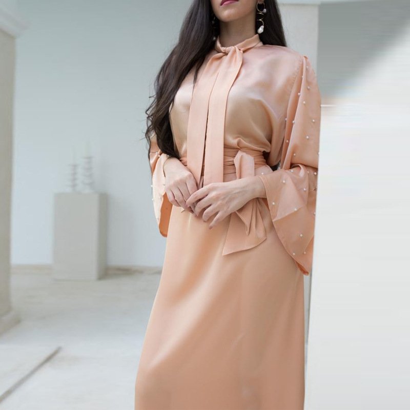 2023 Custom Islamic Clothing Dubai beads Solid Color Luxury Elegant Wholesale Modest Abaya Muslim long Dresses For Women