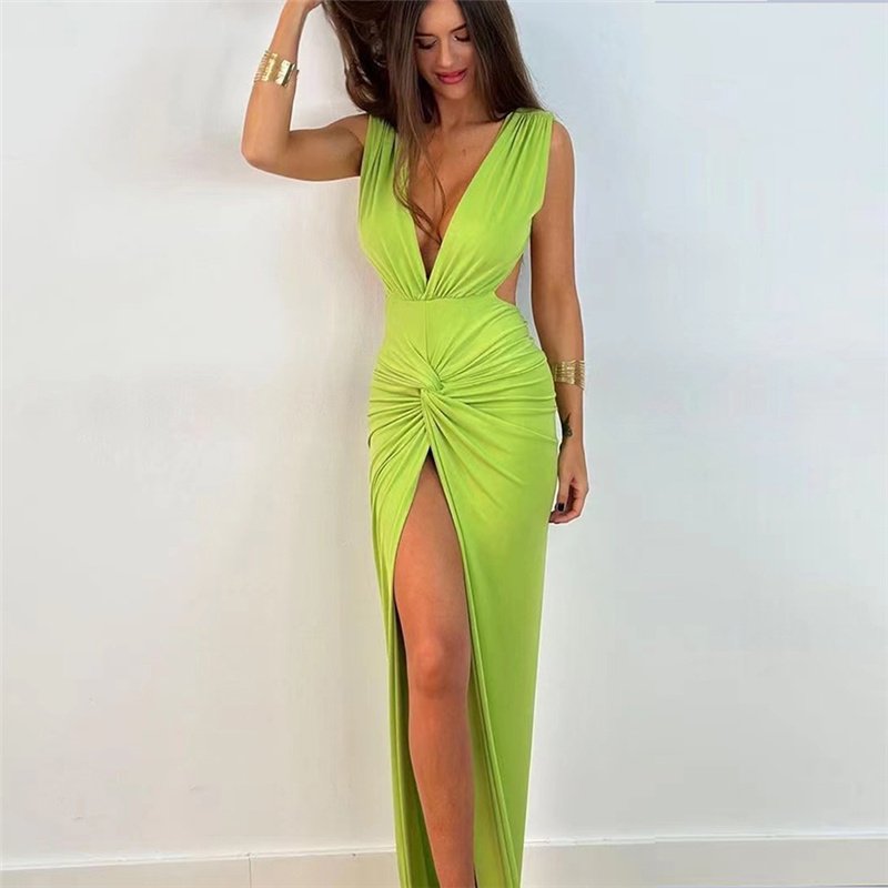 Spring Summer Solid Deep V Casual Maxi Dress Sleeveless Fit Ladies Slim Dress Undefined