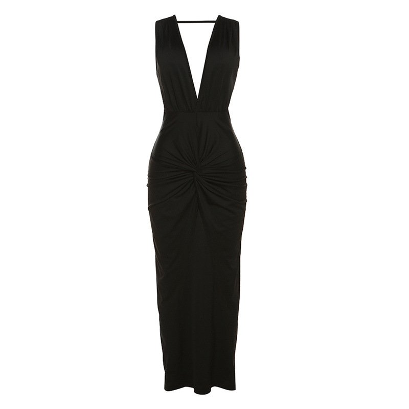Spring Summer Solid Deep V Casual Maxi Dress Sleeveless Fit Ladies Slim Dress Undefined