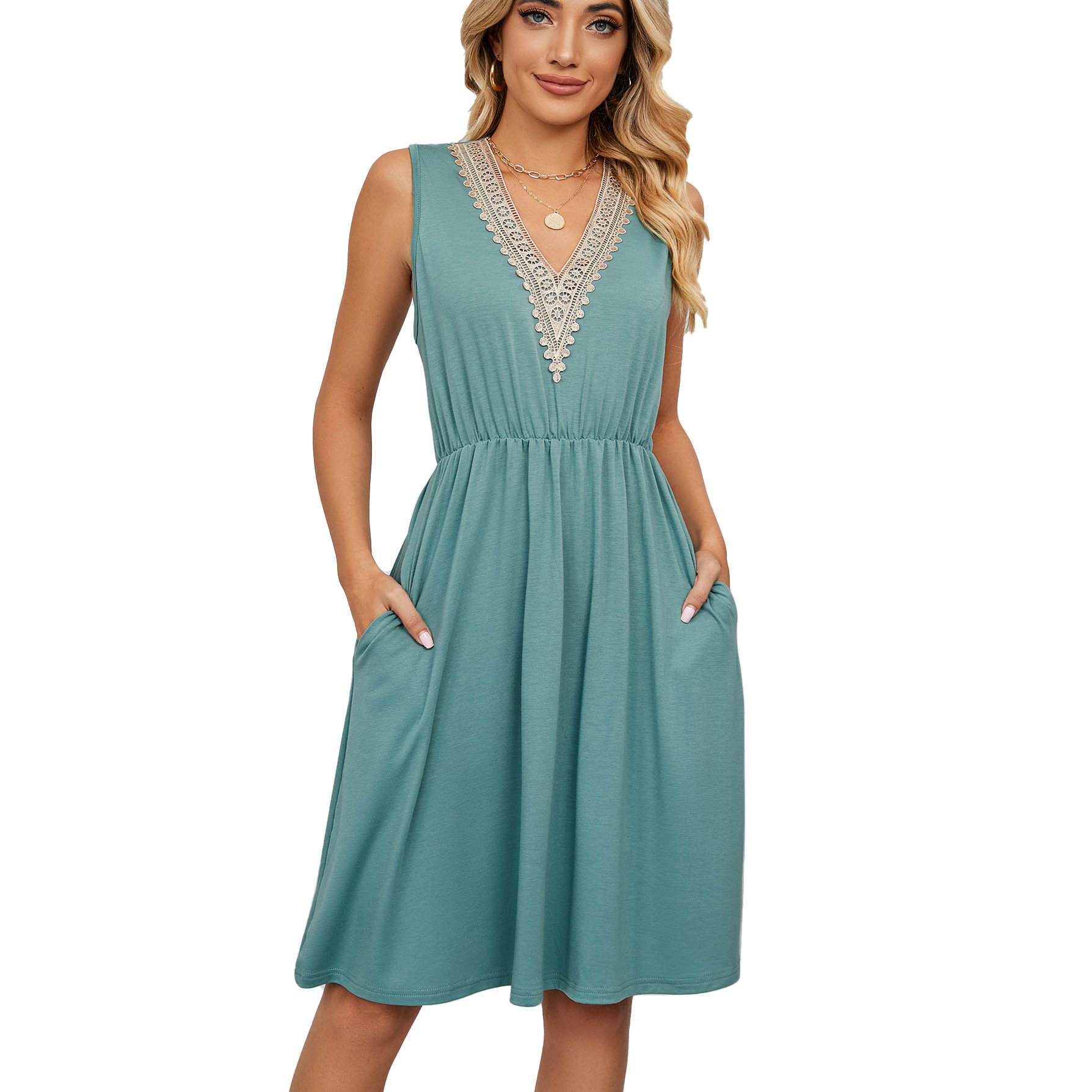 Spring and summer solid color sleeveless button pocket round neck slit waist retraction dress