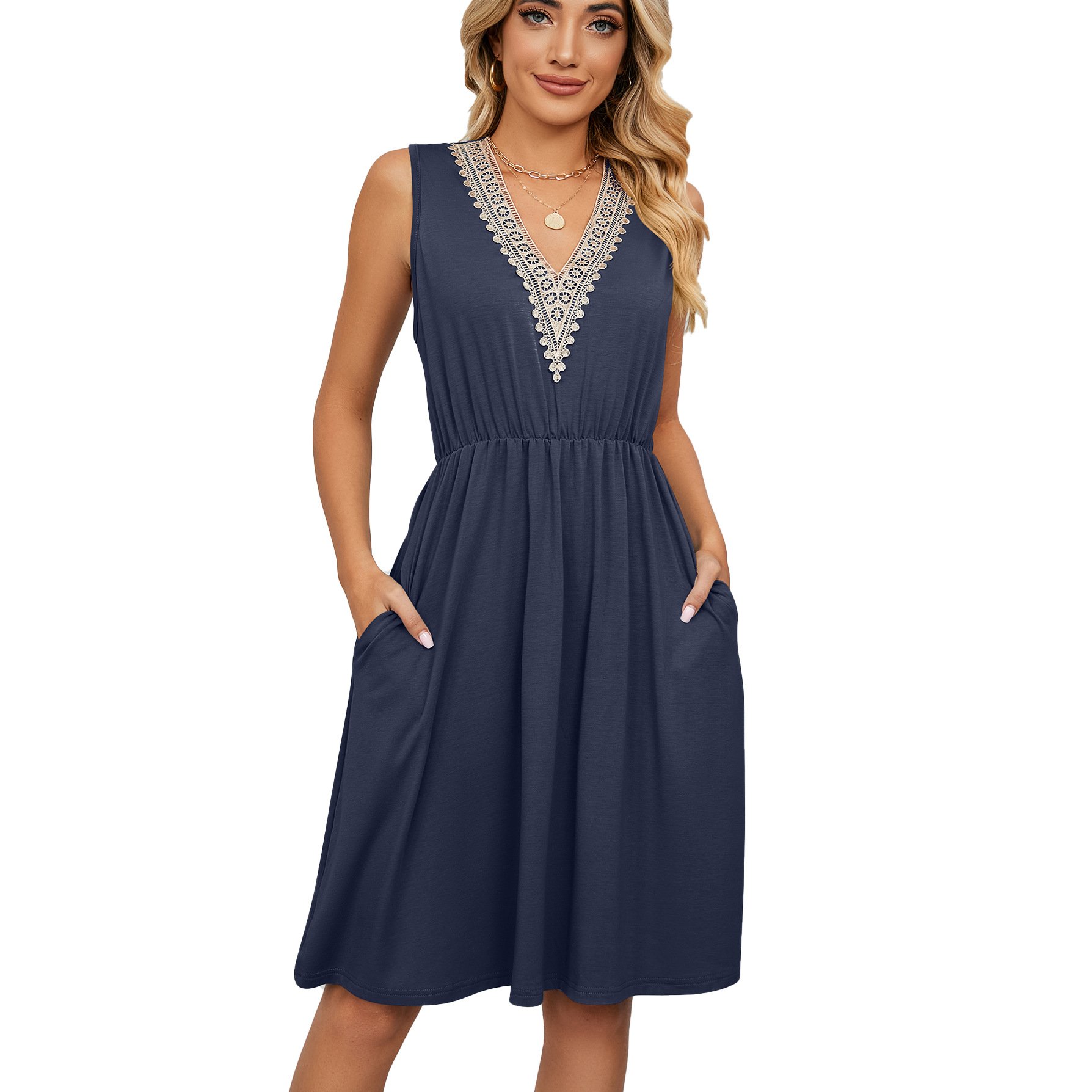 Spring and summer solid color sleeveless button pocket round neck slit waist retraction dress