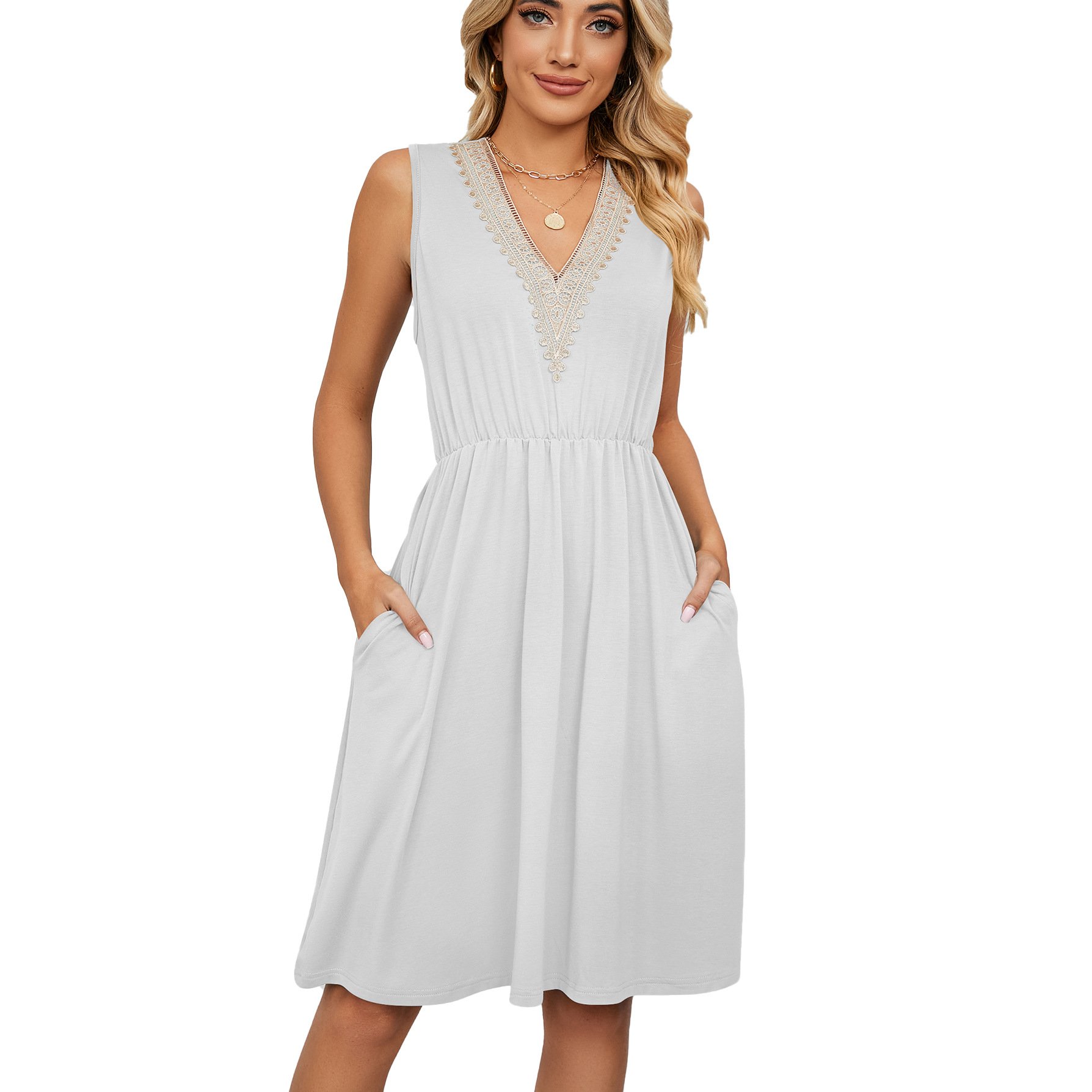 Spring and summer solid color sleeveless button pocket round neck slit waist retraction dress