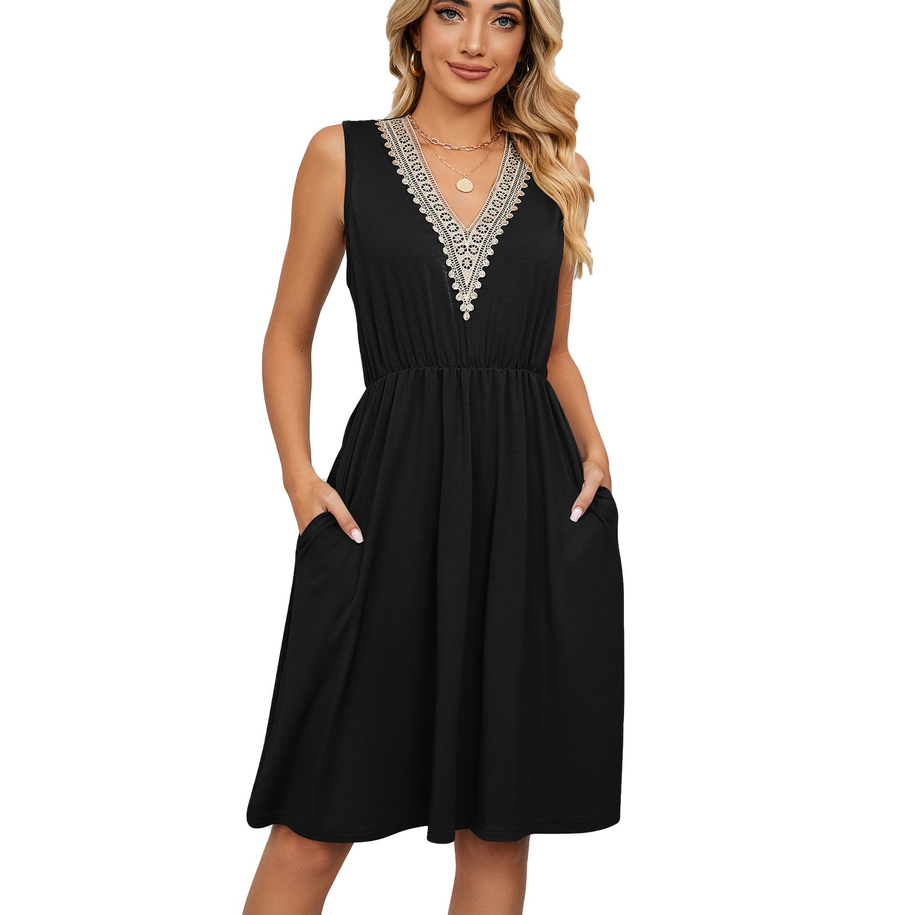 Spring and summer solid color sleeveless button pocket round neck slit waist retraction dress
