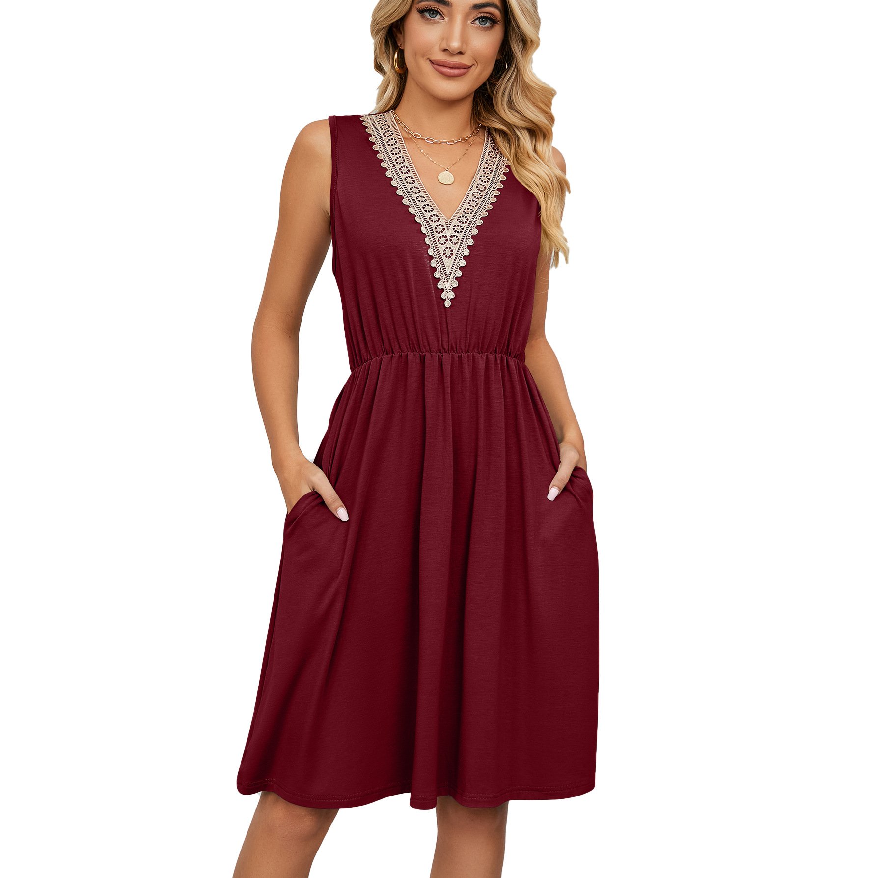 Spring and summer solid color sleeveless button pocket round neck slit waist retraction dress