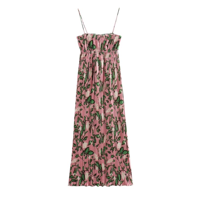 TAOP&ZA Women's 2024 Summer New Fashion Temperament Printed Small Pleated Straight Collar Thin Suspender Dress 3644158