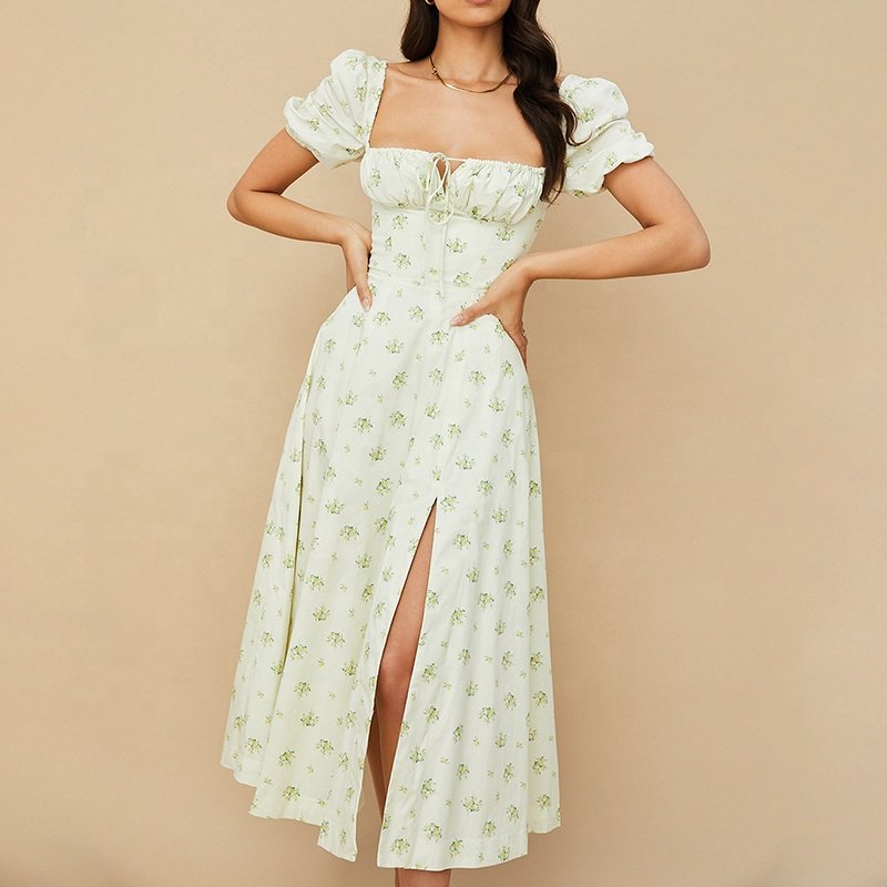 Weixin Women Clothing Professional Custom Ivory Floral Puff Sleeve Casual Clothing Custom Floral Casual Midi Dress