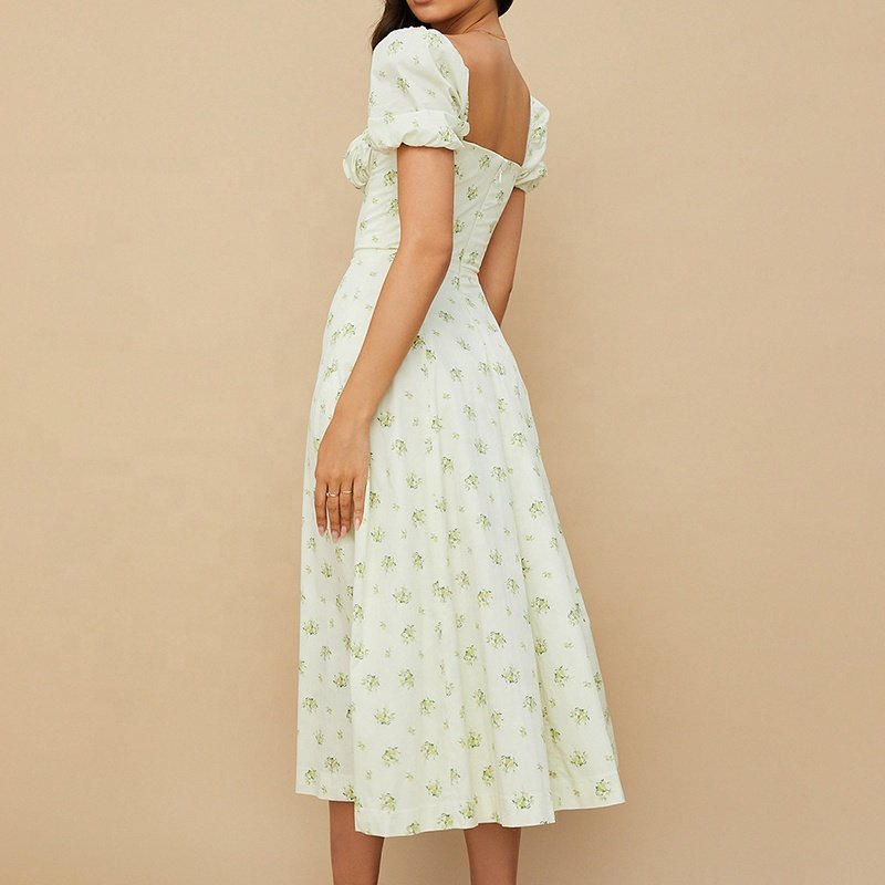 Weixin Women Clothing Professional Custom Ivory Floral Puff Sleeve Casual Clothing Custom Floral Casual Midi Dress