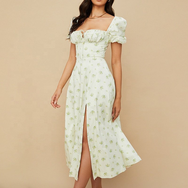 Weixin Women Clothing Professional Custom Ivory Floral Puff Sleeve Casual Clothing Custom Floral Casual Midi Dress