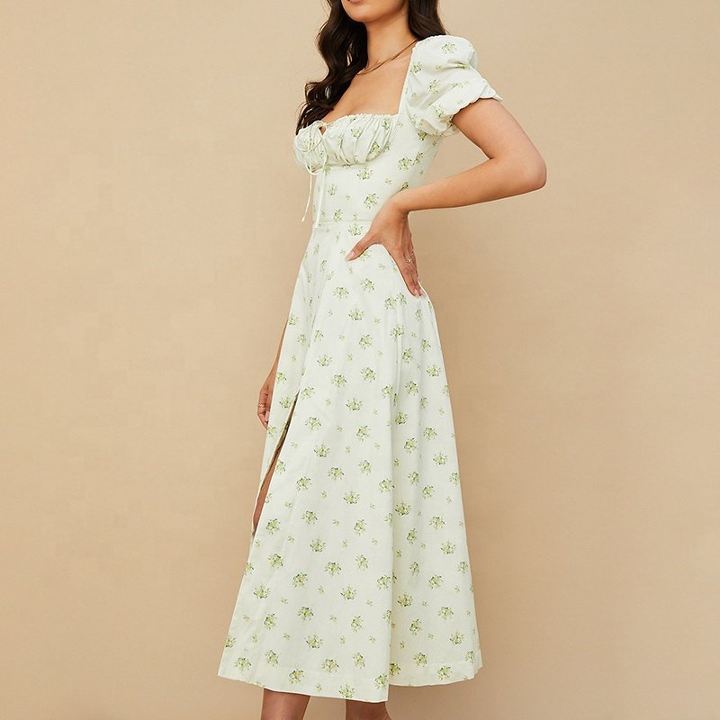 Weixin Women Clothing Professional Custom Ivory Floral Puff Sleeve Casual Clothing Custom Floral Casual Midi Dress