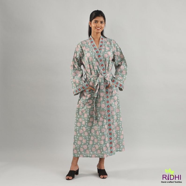 New 2024 Sage Green Pure Cotton Robe Comfort Ladies Night Gown Kimono Dressing Gown Bridesmaid Gowns Women Bathrobe Kimono