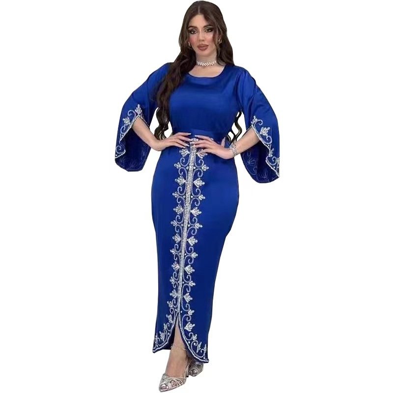 Middle East Women's Diamond Satin Evening Gown Abaya Dubai Robe Islamic Clothing Adults Fashionable Muslim Dress Prayer