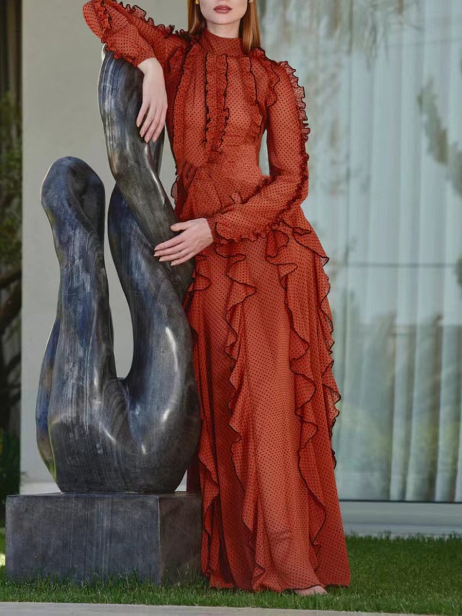 Knitted Undefined Ruffled Red Modest Long Dresses Elegant Casual Dress Women Sexy Formal Maxi Casual Ladies