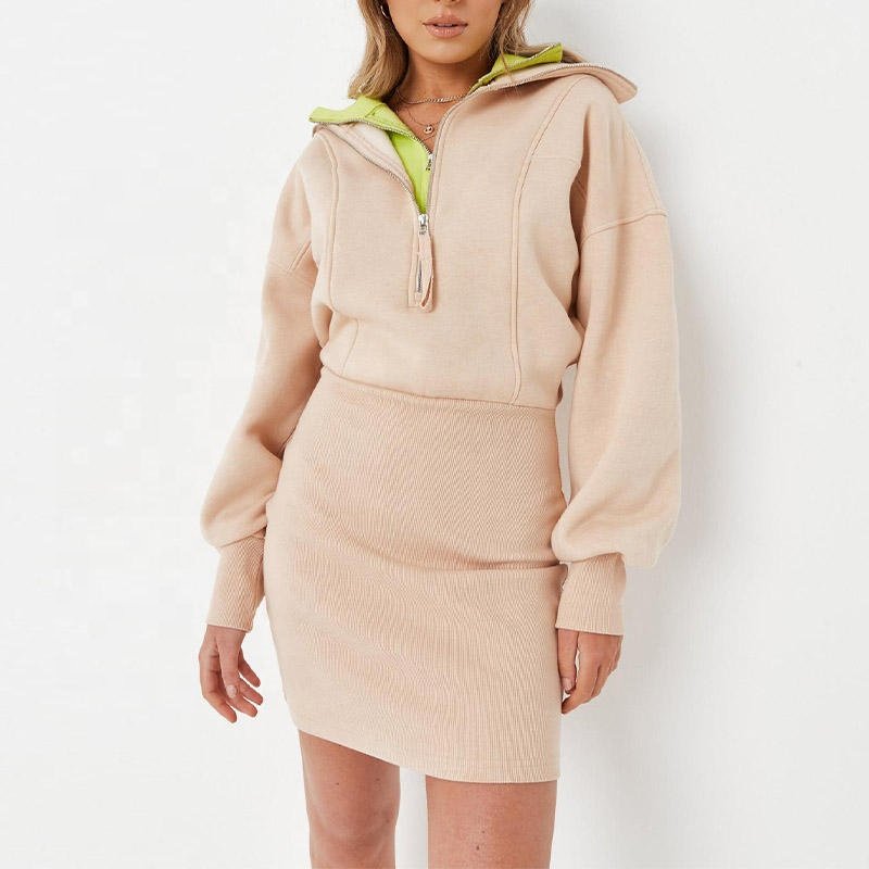 OEVE Top Quality Fashionable Autumn Winter Cotton Casual Plain Color Long Sleeve Half Zip Sweater Dress Women Hoodie Dress