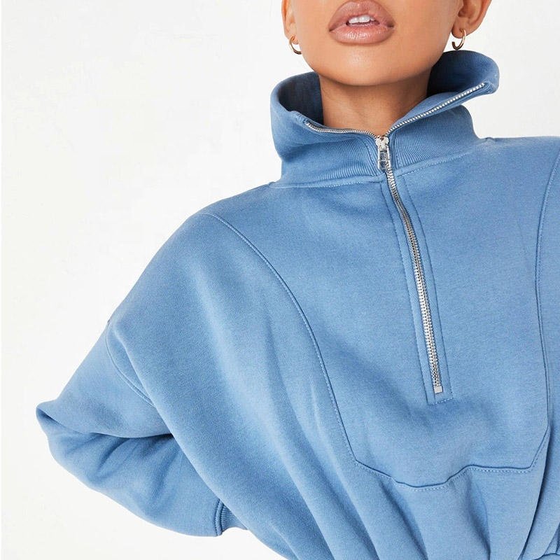 OEVE Top Quality Fashionable Autumn Winter Cotton Casual Plain Color Long Sleeve Half Zip Sweater Dress Women Hoodie Dress