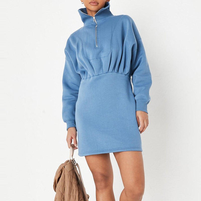 OEVE Top Quality Fashionable Autumn Winter Cotton Casual Plain Color Long Sleeve Half Zip Sweater Dress Women Hoodie Dress