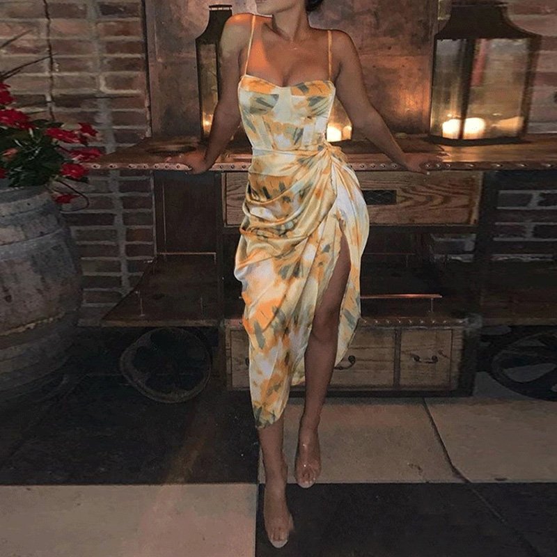 Summer Sexy Sling Backless Sleeveless Printed Long Dress Women'S High Slit Fashion Casual Dress