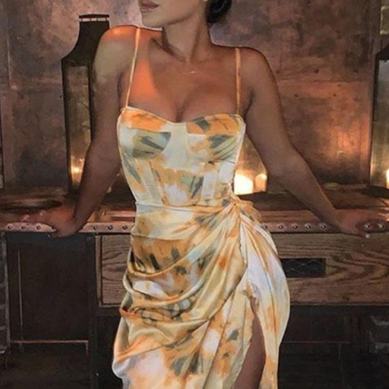 Summer Sexy Sling Backless Sleeveless Printed Long Dress Women'S High Slit Fashion Casual Dress
