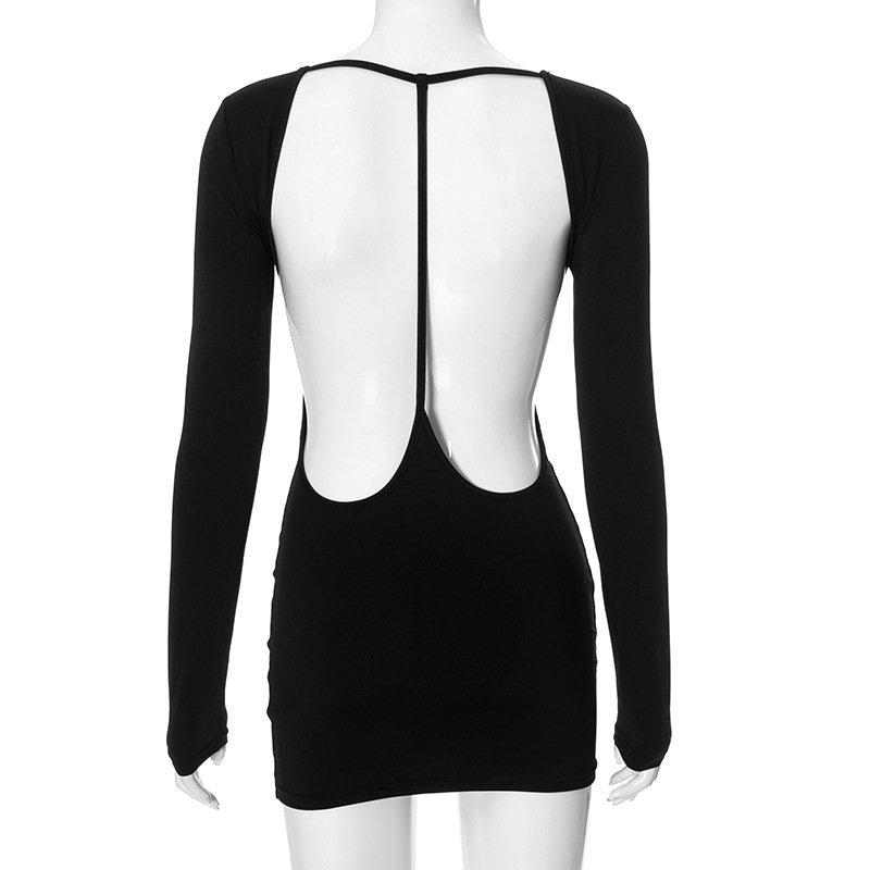 2024 fall autumn wholesale stylish black lady backless hot sexy long sleeve dress