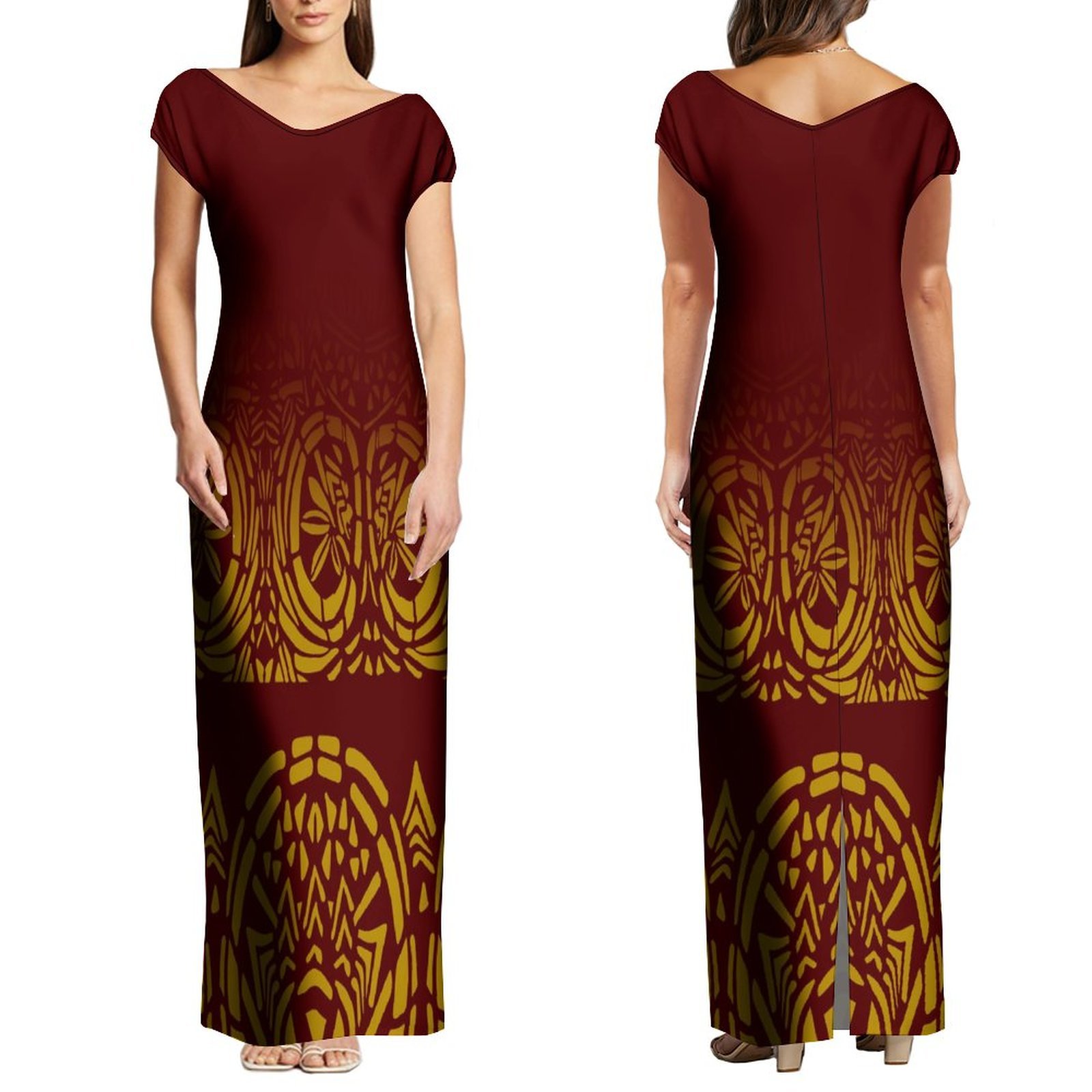 New Drop Shipping Red Polynesian Samoa Tribal Design Casual Dress Big V Neck Half Shoulder Short Sleeve Long Evening Party Dress