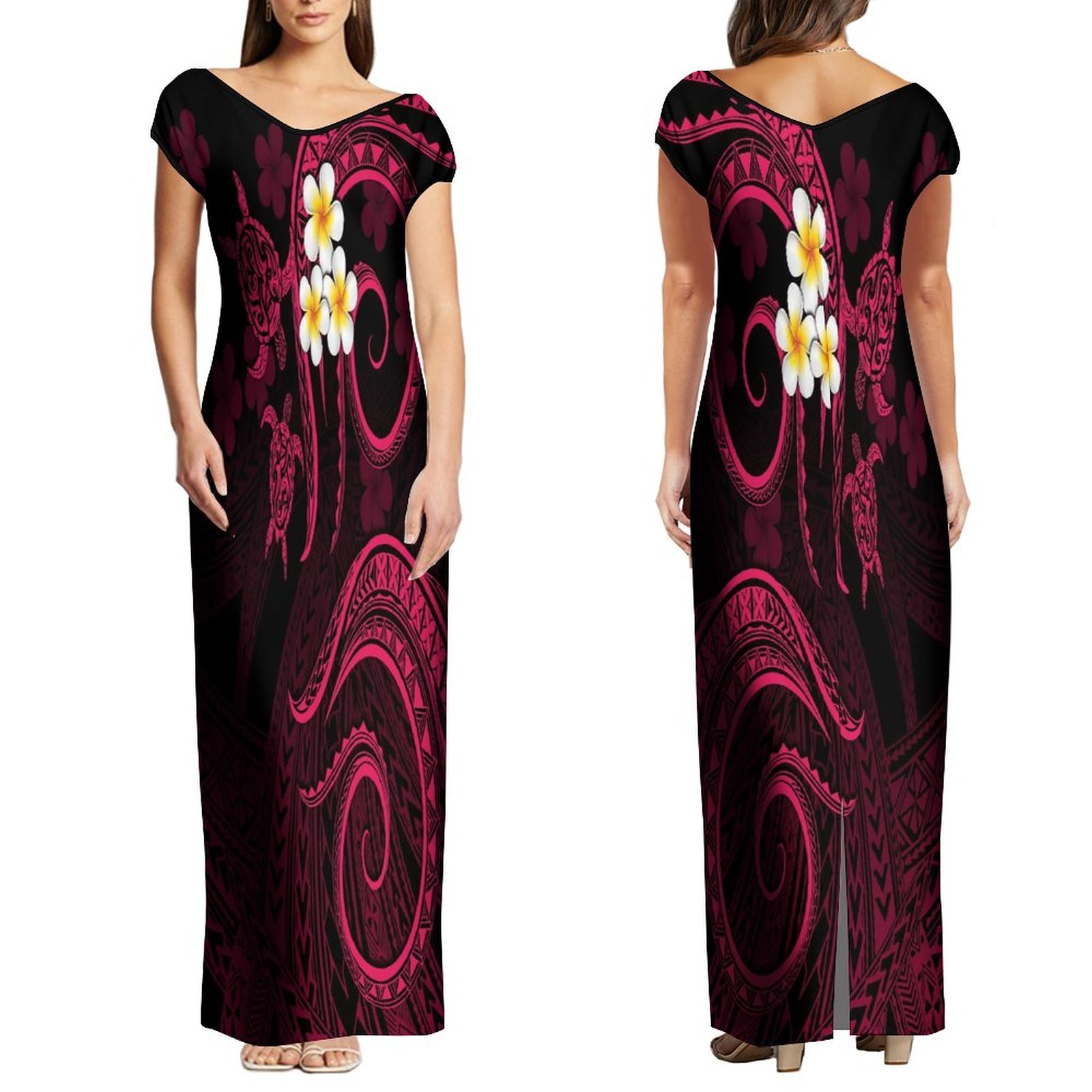 New Drop Shipping Red Polynesian Samoa Tribal Design Casual Dress Big V Neck Half Shoulder Short Sleeve Long Evening Party Dress