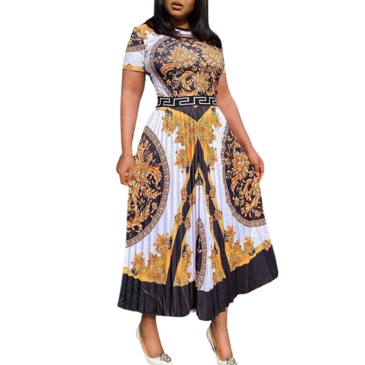 2024 Latest Design Summer Dresses Women Casual Short Sleeves O Neck Pleated Dress African Print Dresses