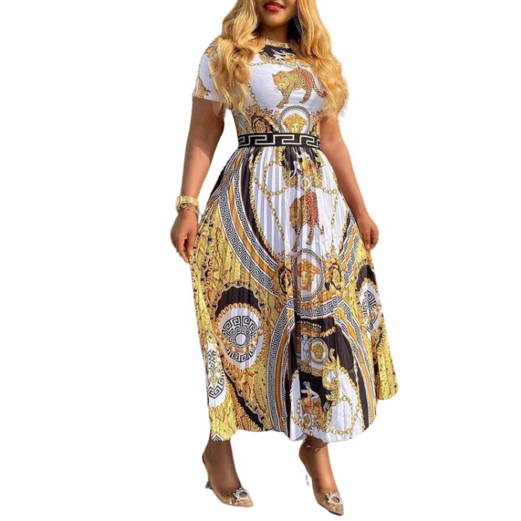 2024 Latest Design Summer Dresses Women Casual Short Sleeves O Neck Pleated Dress African Print Dresses