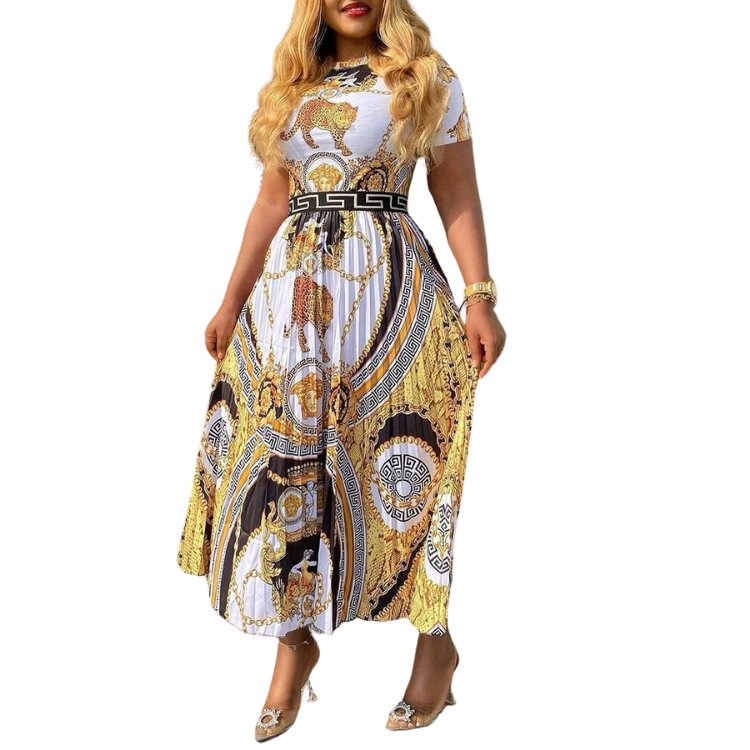 2024 Latest Design Summer Dresses Women Casual Short Sleeves O Neck Pleated Dress African Print Dresses