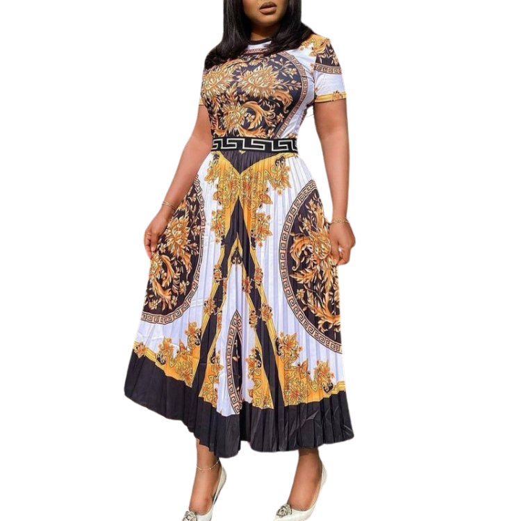 2024 Latest Design Summer Dresses Women Casual Short Sleeves O Neck Pleated Dress African Print Dresses