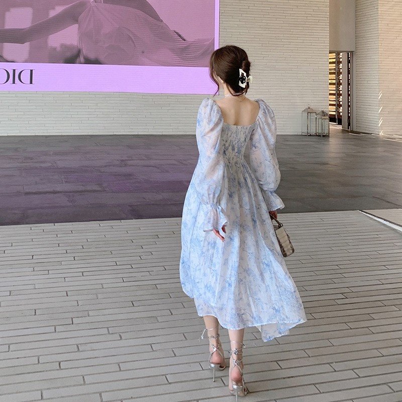 2023 Spring Blue and White Vestidos Elegant Bohemian Printed Temperament Women Floral Casual Dresses with Long A-line Skirt
