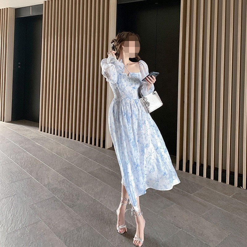 2023 Spring Blue and White Vestidos Elegant Bohemian Printed Temperament Women Floral Casual Dresses with Long A-line Skirt