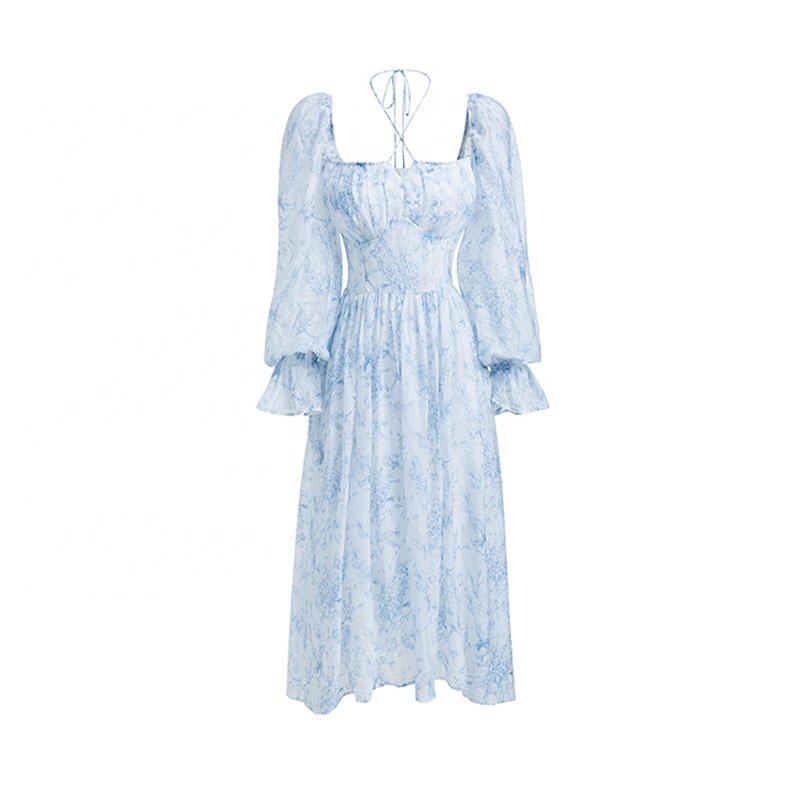 2023 Spring Blue and White Vestidos Elegant Bohemian Printed Temperament Women Floral Casual Dresses with Long A-line Skirt
