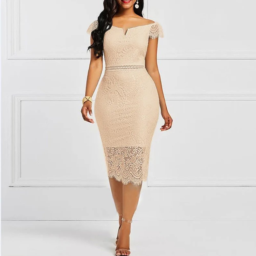 New Fashion Women Sleeveless Off Shoulder Back Zipper Lace Girls Solid Slim Pencil Casual Party Evening Dress