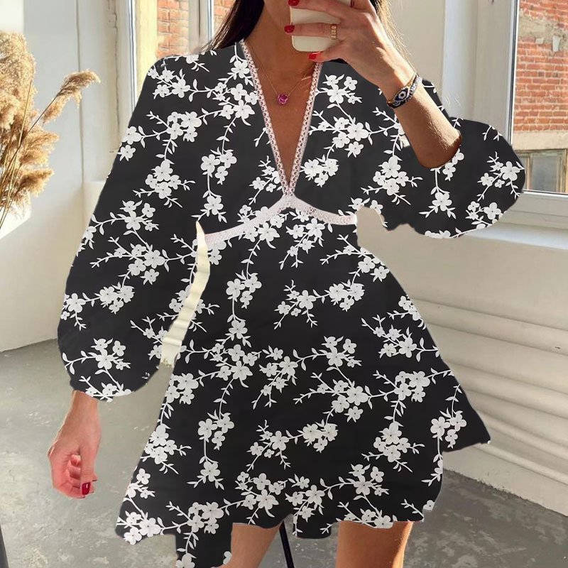 Elegant Party Beach Sweet Dress Women Long Sleeve Chiffon Floral Dress For Females Chic Sweet Deep V Neck Lace Short Dress